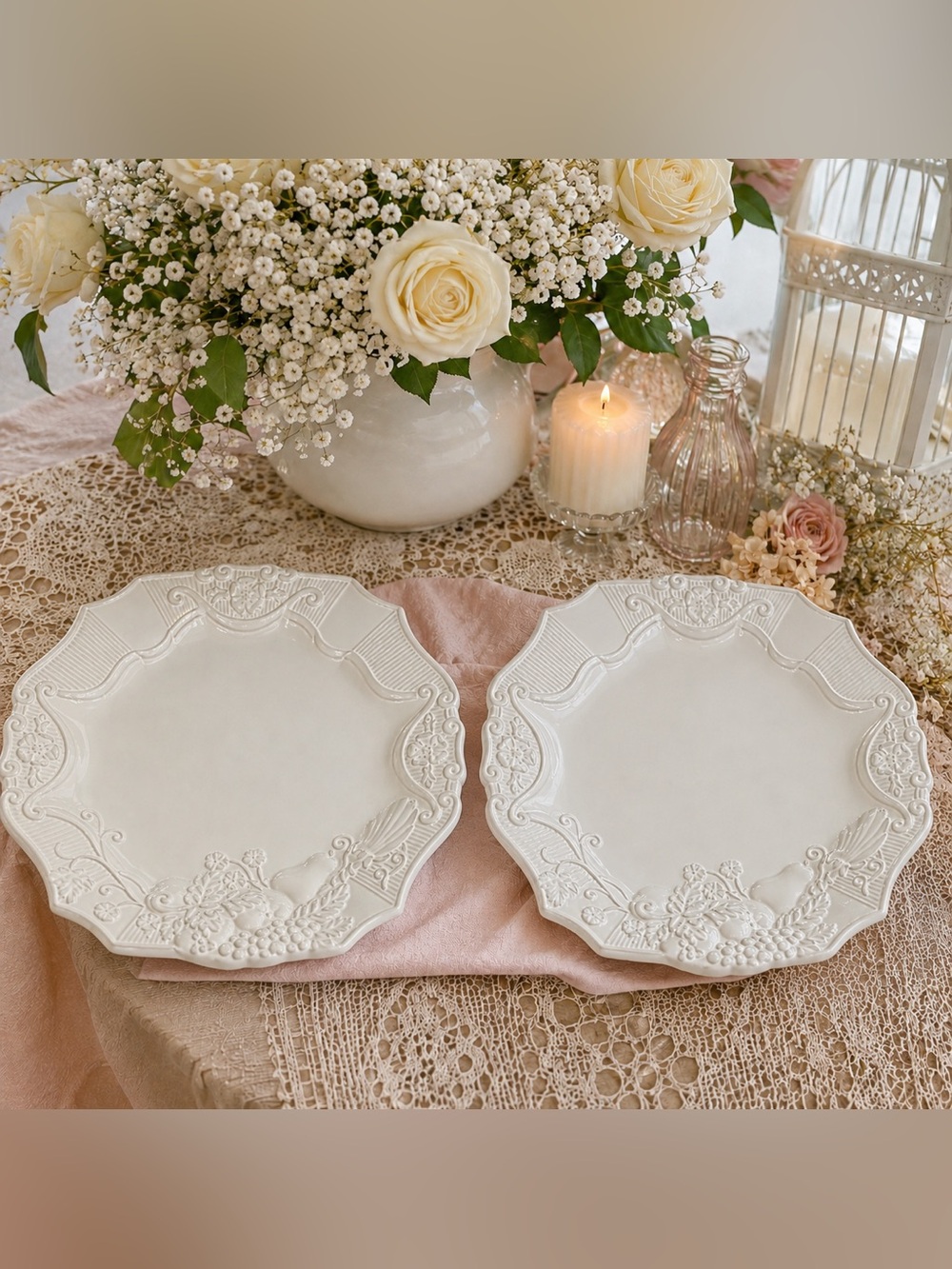 Jane Seymour Serenade Set of 2 Ivory Cottagecore French Country Embossed Dinner